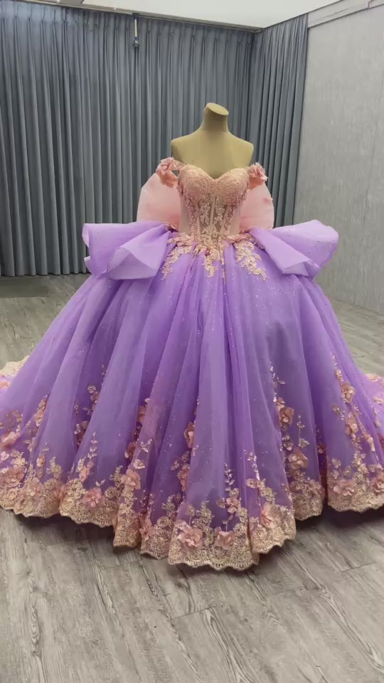 TW445 Girls 15 Quinceanera Ball Gown Dress Pink Purple Sweetheart Off-Shoulder Lace-Up Back Embroidered Beaded Sequined Appliques