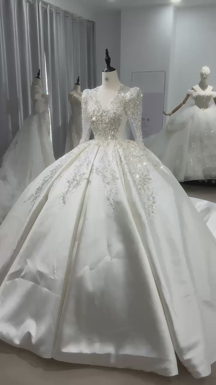 TW142 Lace Wedding Dress Long Sleeve V-Neck Lace Up Keyhole Back Ball Gown Sequined Beading Embroidery Luxury Bridal Dress
