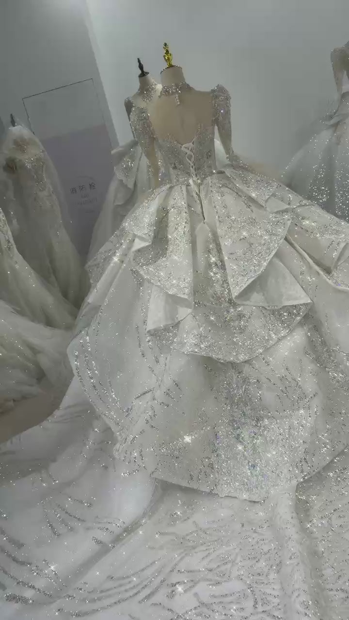 TW122 Princess Wedding Dress Long Sleeve O-Neck Lace Up Keyhole Back Beading Sequins Rhinestones Crystal Ball Gown Bridal Dress