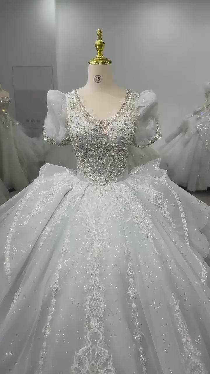 TW187 White Dress Bridal V-Neck Long Or Half Sleeve Wedding Dress Lace Up Back Beading Crystal Embroidery Ball Gown Bridal Dress