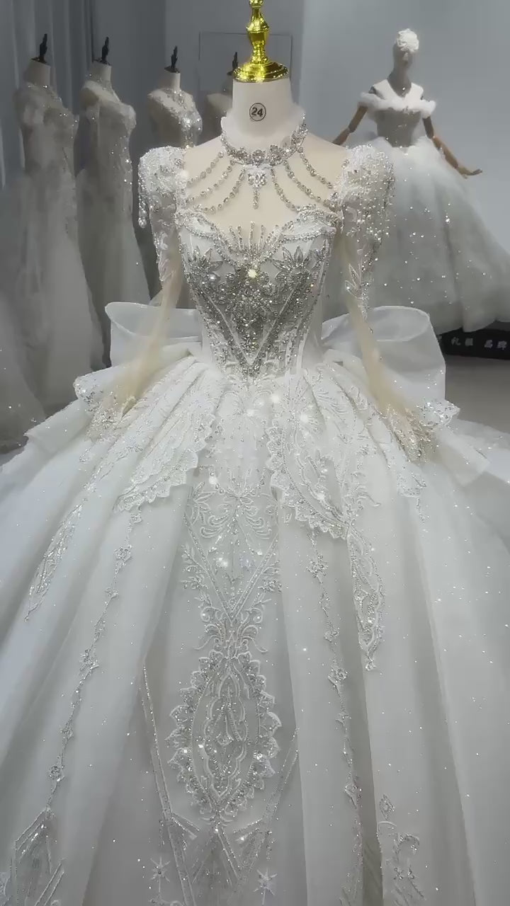 TW132 Long Sleeve Wedding Gown High Lace Up Keyhole Back Wedding Dress Embroidery Bow Beading Sequined Crystal Ball Gown Bridal Dress