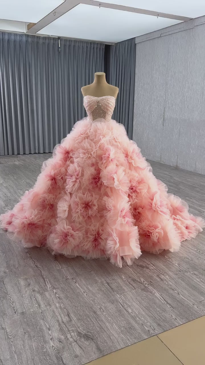 TW568 Customizable Strapless Pink Quinceañeras Prom Gown Lace-Up Back Sequined 3D Flower Crystal Vestidos De 15