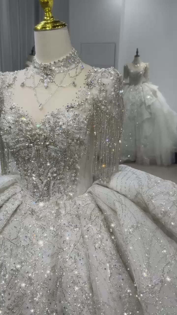 TW109 düğün elbisesi Short Sleeve O-Neck Wedding Dress Lace Up Back Beading Crystal Embroidery Sequined Ball Gown Bridal Dress