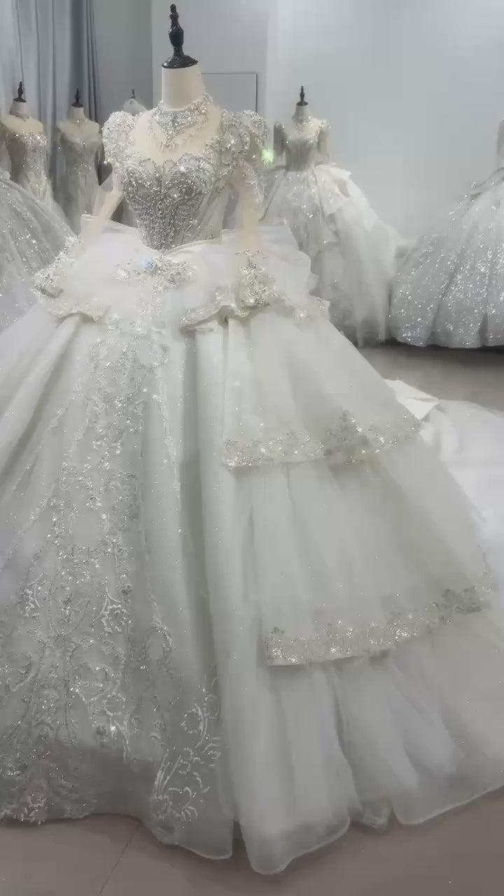TW111 Vestido Noiva Casamento Civil Long Sleeve High Neck Wedding Dress Lace Up Back Ball Gown Tiered Beading Bow Bridal Dress