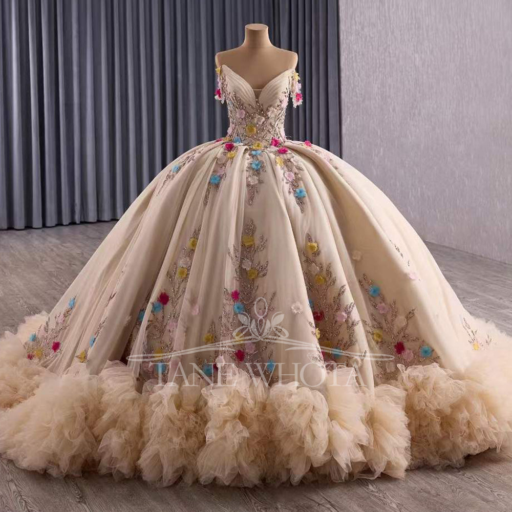 TW417 Vestido De 15 Quinceañera Sweetheart Off The Shoulder Lace Up Back Appliques Lace Flower XV Quinceanera Dress