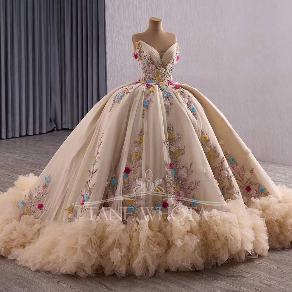 TW417 Vestido De 15 Quinceañera Sweetheart Off The Shoulder Lace Up Back Appliques Lace Flower XV Quinceanera Dress