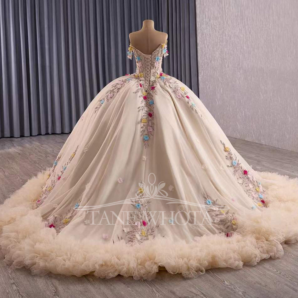 TW417 Vestido De 15 Quinceañera Sweetheart Off The Shoulder Lace Up Back Appliques Lace Flower XV Quinceanera Dress