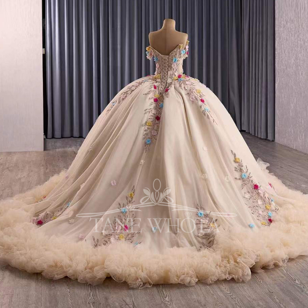 TW417 Vestido De 15 Quinceañera Sweetheart Off The Shoulder Lace Up Back Appliques Lace Flower XV Quinceanera Dress