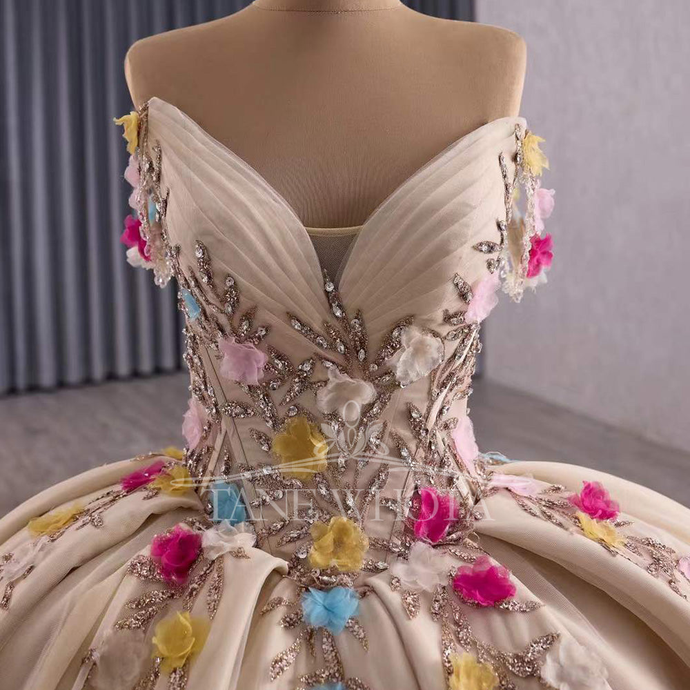 TW417 Vestido De 15 Quinceañera Sweetheart Off The Shoulder Lace Up Back Appliques Lace Flower XV Quinceanera Dress