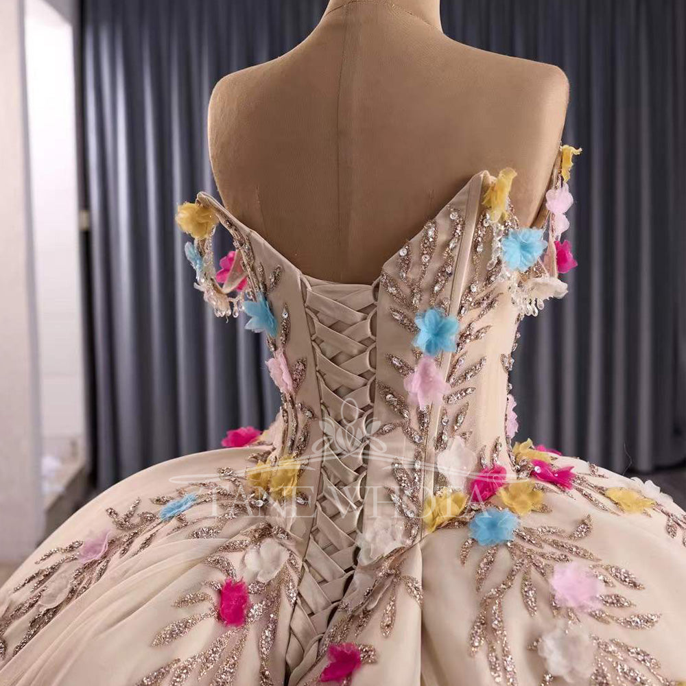 TW417 Vestido De 15 Quinceañera Sweetheart Off The Shoulder Lace Up Back Appliques Lace Flower XV Quinceanera Dress