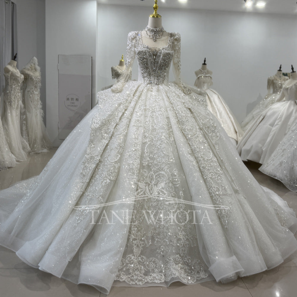TW418 Vestido De Noiva Long Sleeve Ball Gown Lace up Trend Luxury Crystal Lace Wedding Dress for Brides
