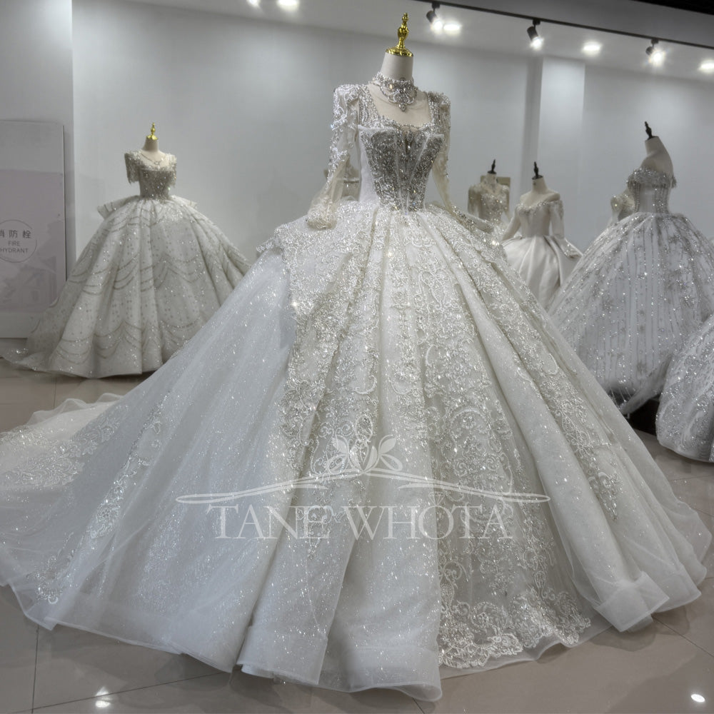 TW418 Vestido De Noiva Long Sleeve Ball Gown Lace up Trend Luxury Crystal Lace Wedding Dress for Brides
