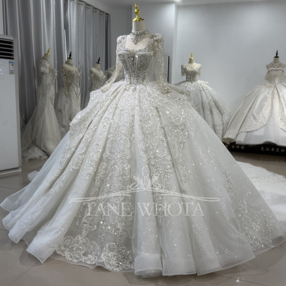 TW418 Vestido De Noiva Long Sleeve Ball Gown Lace up Trend Luxury Crystal Lace Wedding Dress for Brides