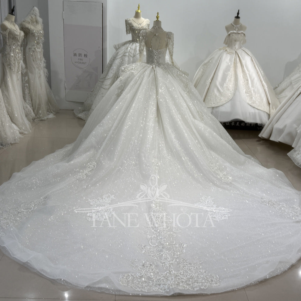 TW418 Vestido De Noiva Long Sleeve Ball Gown Lace up Trend Luxury Crystal Lace Wedding Dress for Brides