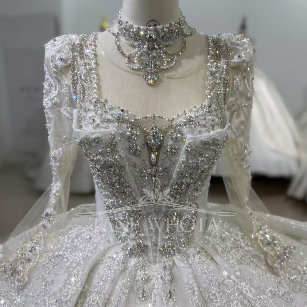 TW418 Vestido De Noiva Long Sleeve Ball Gown Lace up Trend Luxury Crystal Lace Wedding Dress for Brides