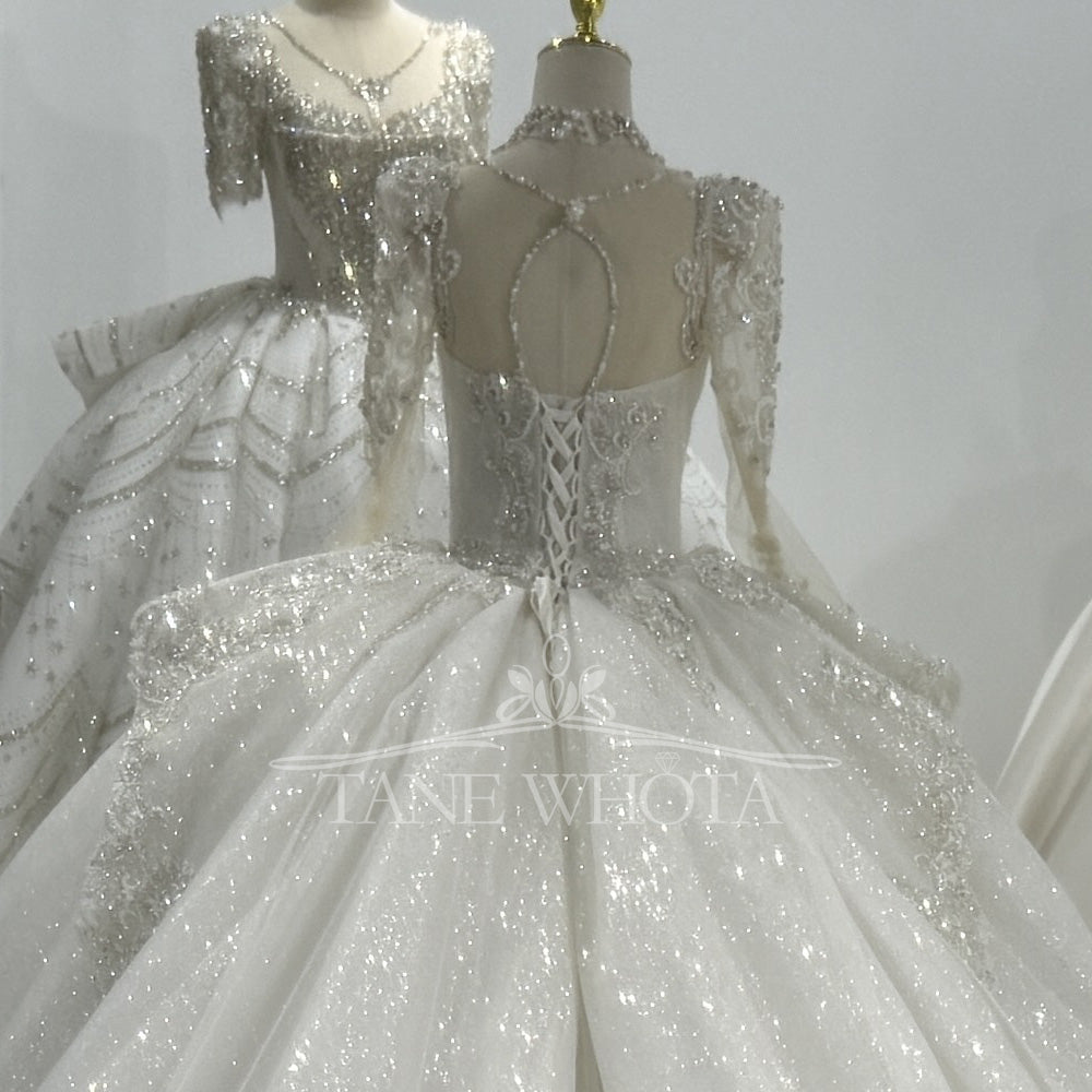 TW418 Vestido De Noiva Long Sleeve Ball Gown Lace up Trend Luxury Crystal Lace Wedding Dress for Brides