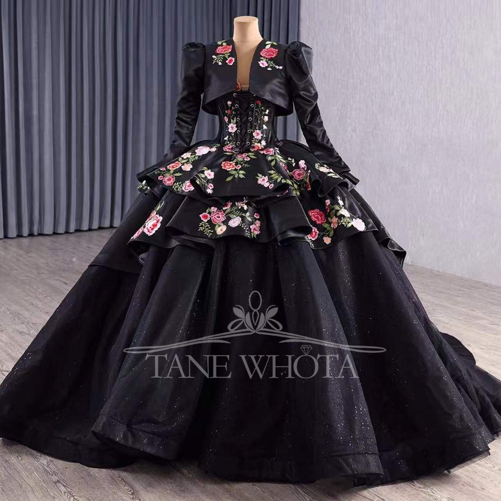 TW493 Vestidos De XV 15 Años Black Lace Flower Off Shoulder Lace Up Back Ball Gown Quinceanera Dress With Jacket