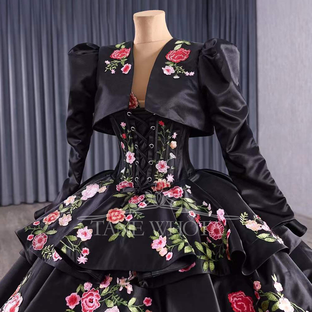 TW493 Vestidos De XV 15 Años Black Lace Flower Off Shoulder Lace Up Back Ball Gown Quinceanera Dress With Jacket