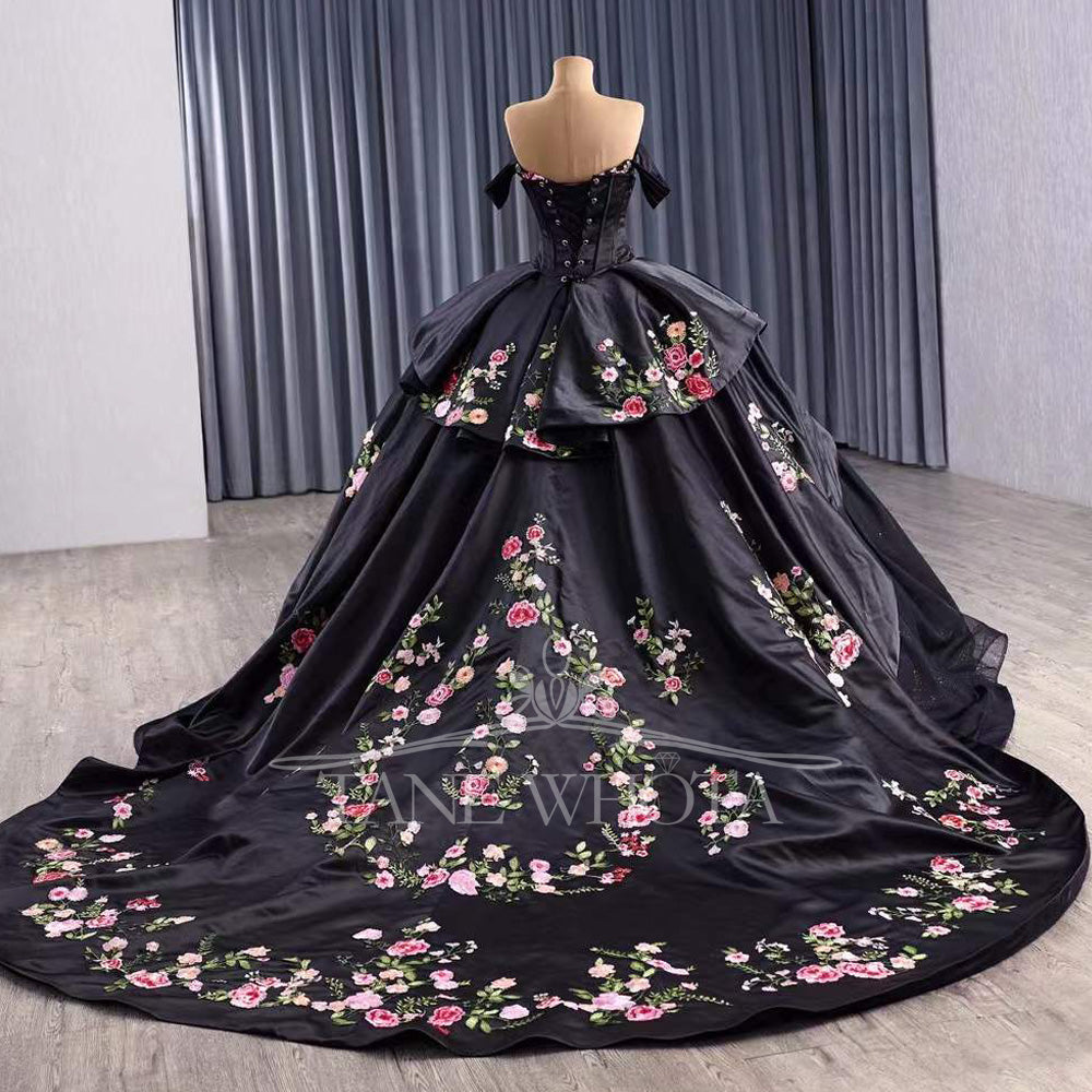 TW493 Vestidos De XV 15 Años Black Lace Flower Off Shoulder Lace Up Back Ball Gown Quinceanera Dress With Jacket