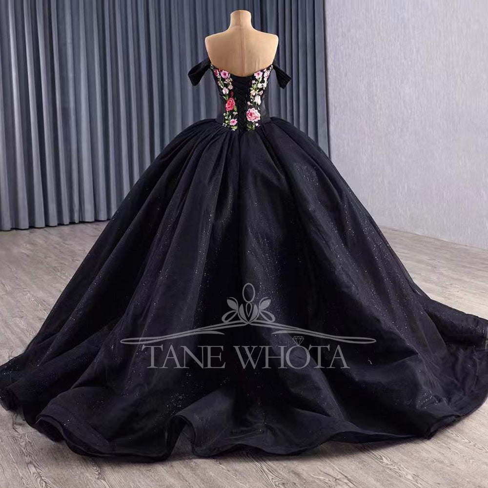 TW493 Vestidos De XV 15 Años Black Lace Flower Off Shoulder Lace Up Back Ball Gown Quinceanera Dress With Jacket