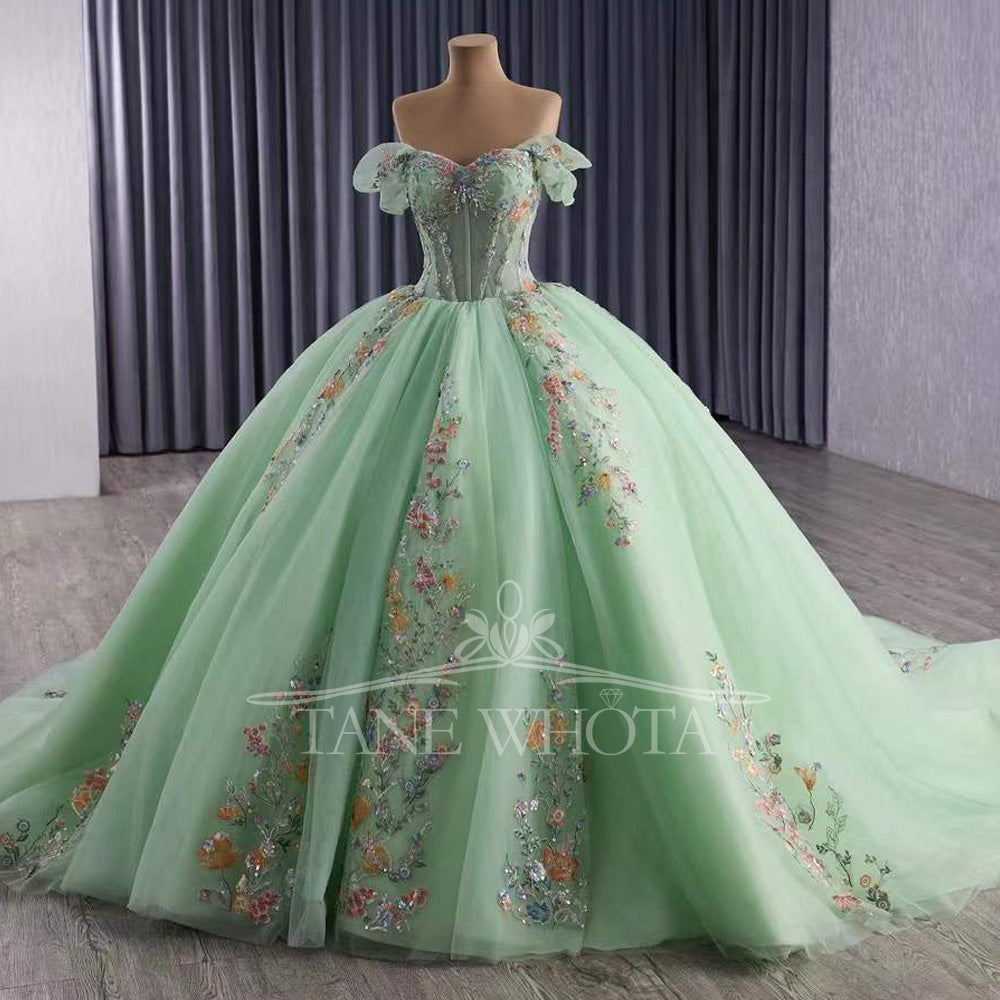 TW449 Green Vestidos De 15 Años Quinceañeras 2025 Sweetheart Off The Shoulder Appliques Lace Ball Gown XV Quinceanera Dress