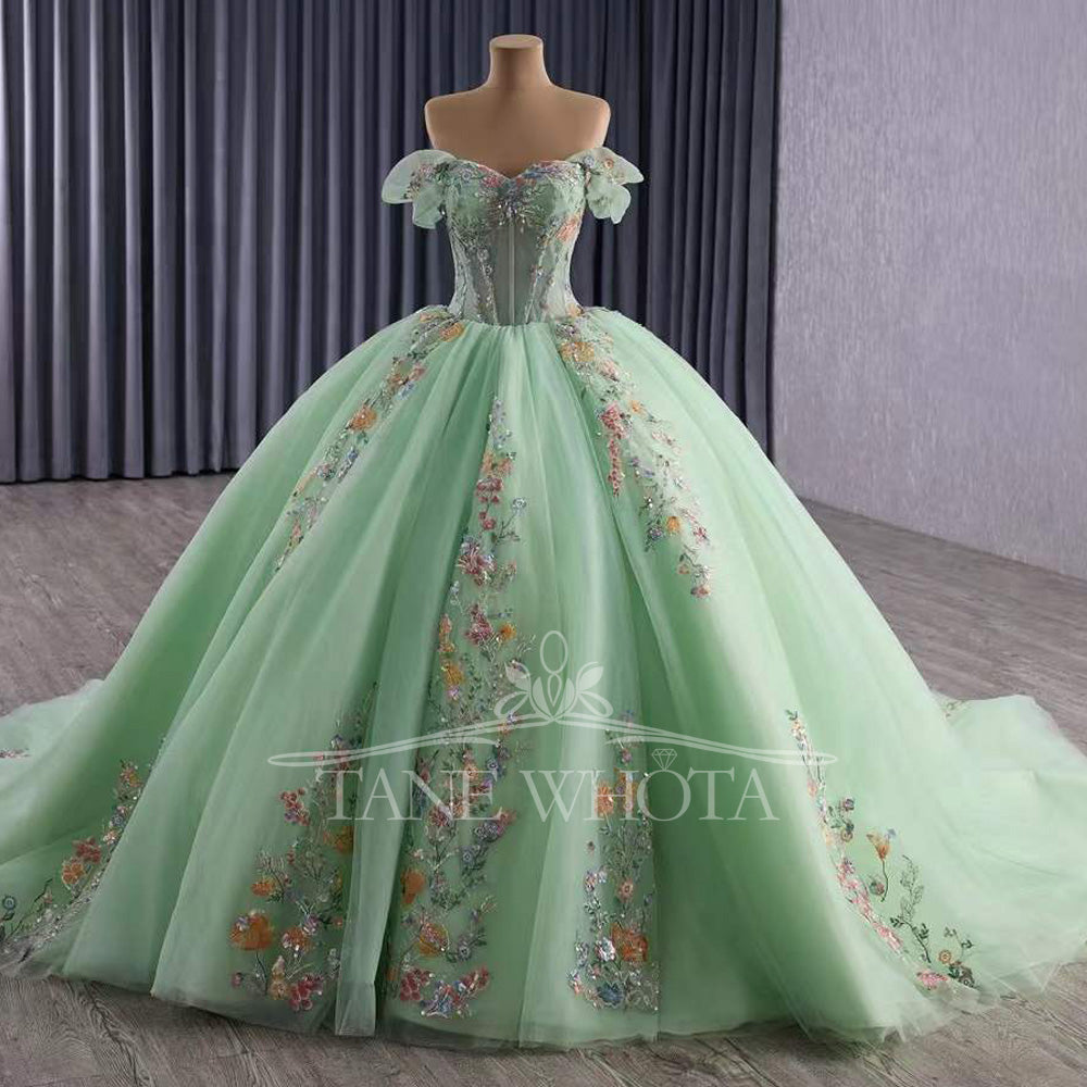 TW449 Green Vestidos De 15 Años Quinceañeras 2025 Sweetheart Off The Shoulder Appliques Lace Ball Gown XV Quinceanera Dress