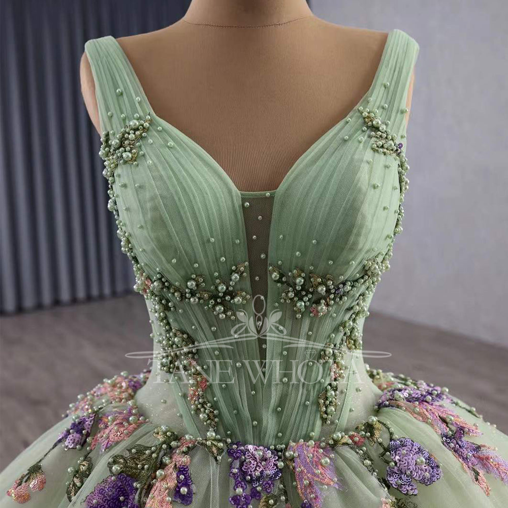 TW452 Vestidos De XV Años Green V Neck Sleeveless Lace Up Back Appliques Lace Flower Quinceanera Dress