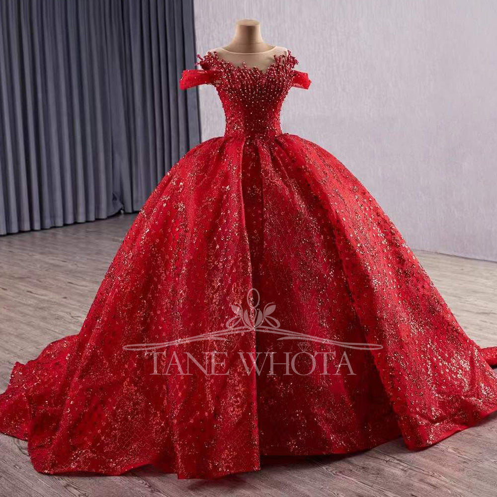 TW416 Princess Vestido 15 Años Quinceañera 2025 Red O-Neck Ball Gown Beading Crystal Pearl XV Quinceanera Dresses