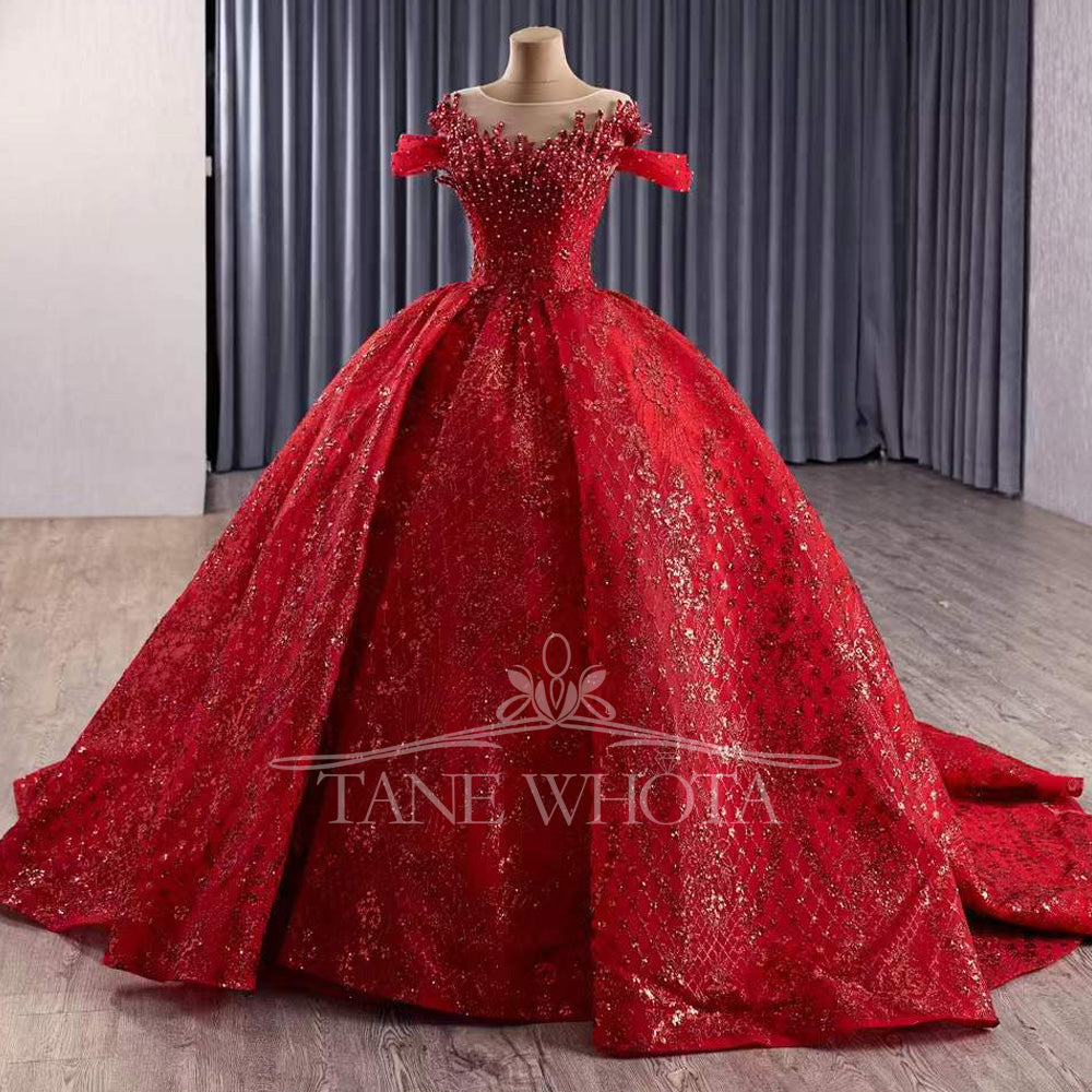 TW416 Princess Vestido 15 Años Quinceañera 2025 Red O-Neck Ball Gown Beading Crystal Pearl XV Quinceanera Dresses