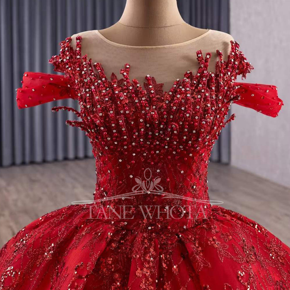 TW416 Princess Vestido 15 Años Quinceañera 2025 Red O-Neck Ball Gown Beading Crystal Pearl XV Quinceanera Dresses