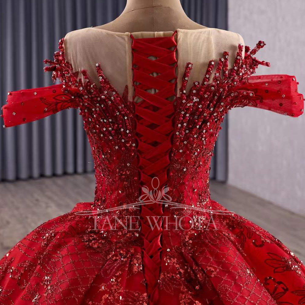 TW416 Princess Vestido 15 Años Quinceañera 2025 Red O-Neck Ball Gown Beading Crystal Pearl XV Quinceanera Dresses