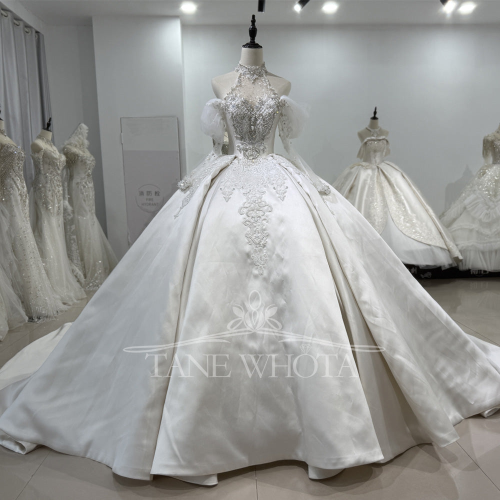 TW494 Luxury Wedding Dress Beading PHalter Neckline Off The Shoulder Long Sleeve Satin Ball Gown Vestido De Novia
