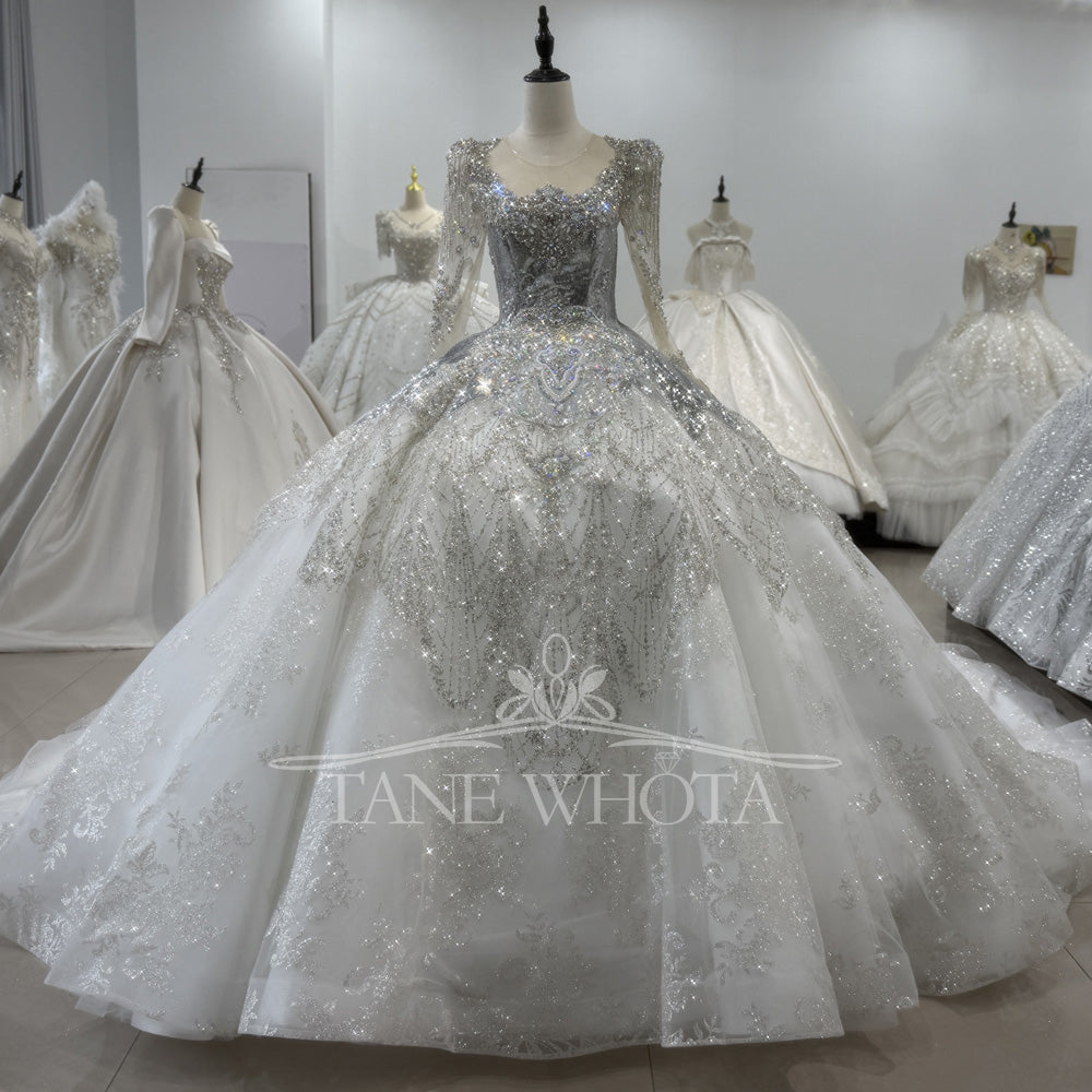 TW405 Modest Wedding Dresses Silver Long Sleeve Lace Up Back Crystal Vestito Da Matrimonio 2025