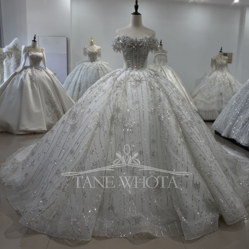 TW404 Silver Vestido De novias Princesa Crystal Sequined Wedding Dress Luxury Bling Plus Size Wedding Dress