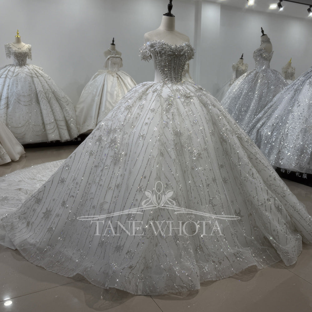 TW404 Silver Vestido De novias Princesa Crystal Sequined Wedding Dress Luxury Bling Plus Size Wedding Dress