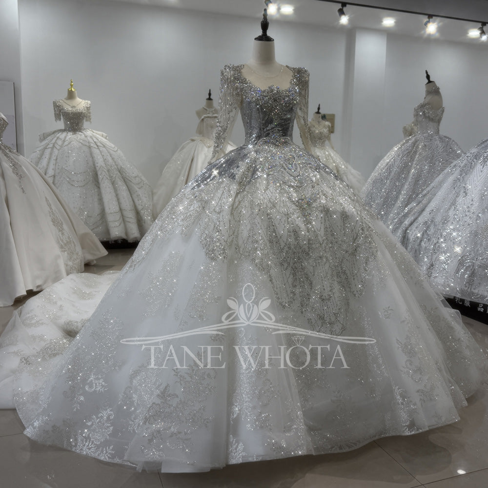 TW405 Modest Wedding Dresses Silver Long Sleeve Lace Up Back Crystal Vestito Da Matrimonio 2025