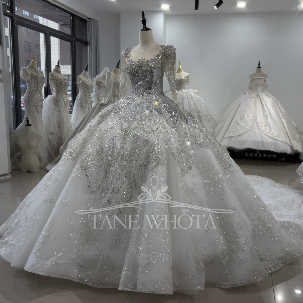 TW405 Modest Wedding Dresses Silver Long Sleeve Lace Up Back Crystal Vestito Da Matrimonio 2025