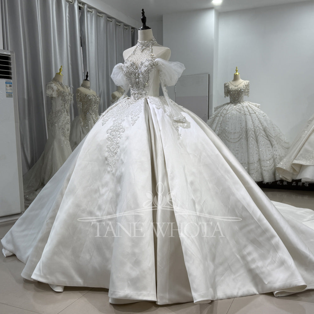 TW494 Luxury Wedding Dress Beading PHalter Neckline Off The Shoulder Long Sleeve Satin Ball Gown Vestido De Novia