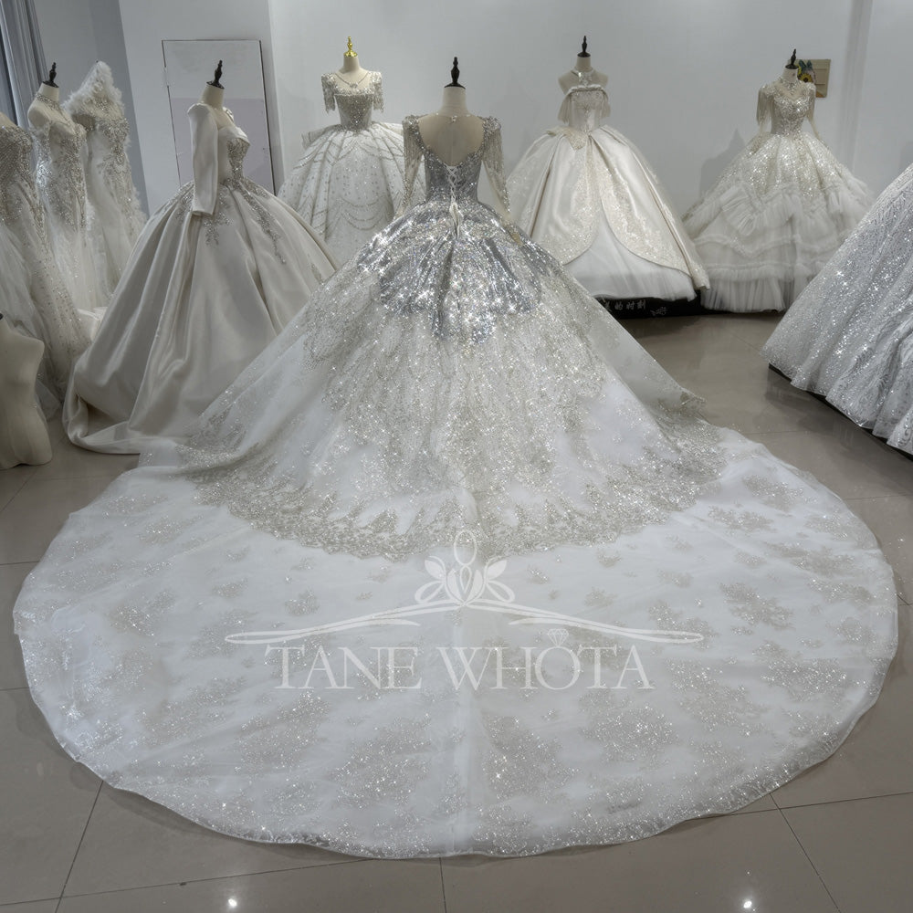 TW405 Modest Wedding Dresses Silver Long Sleeve Lace Up Back Crystal Vestito Da Matrimonio 2025