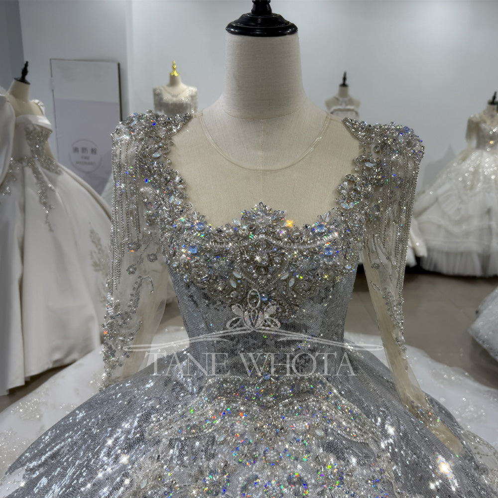 TW405 Modest Wedding Dresses Silver Long Sleeve Lace Up Back Crystal Vestito Da Matrimonio 2025