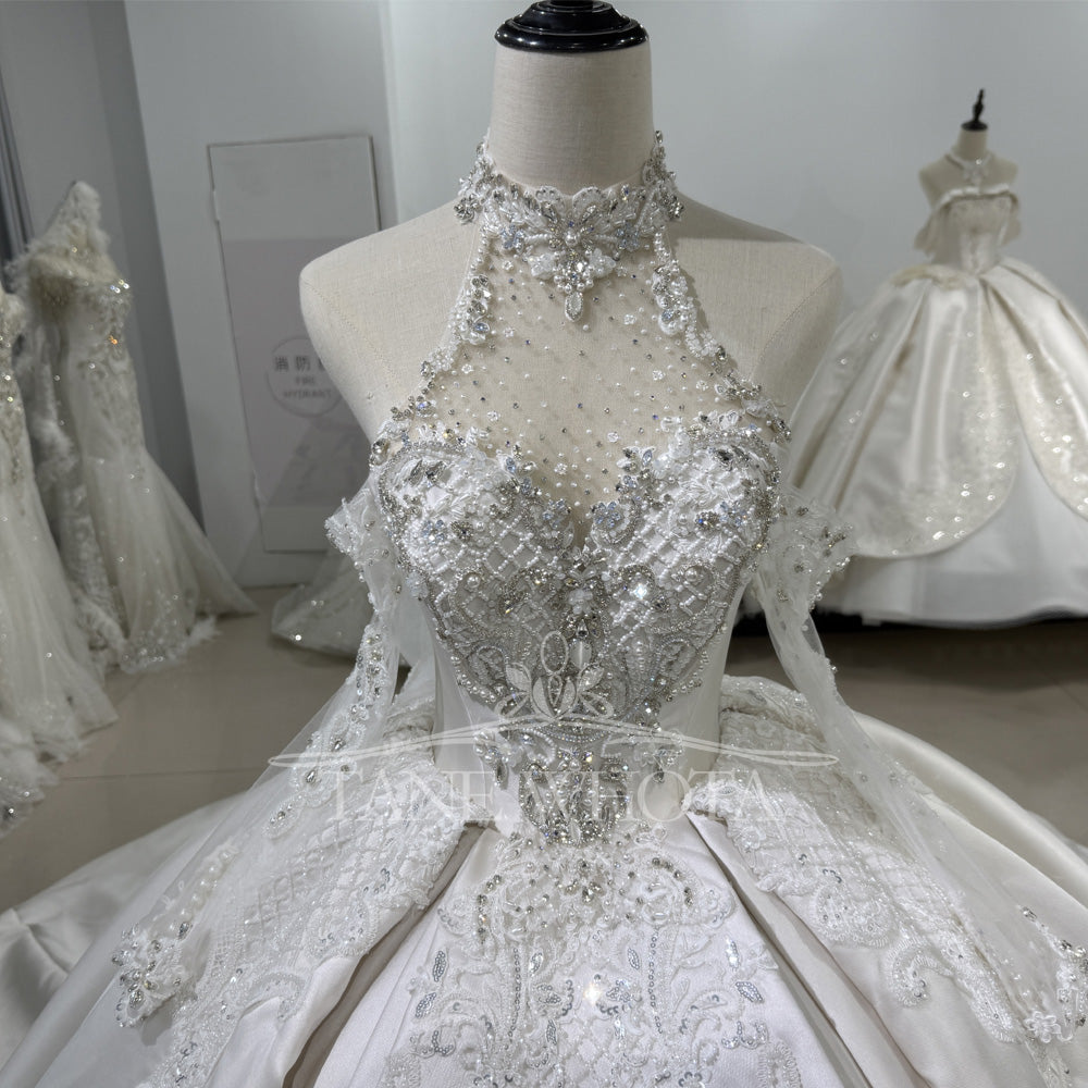 TW494 Luxury Wedding Dress Beading PHalter Neckline Off The Shoulder Long Sleeve Satin Ball Gown Vestido De Novia