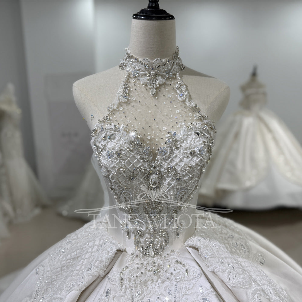 TW494 Luxury Wedding Dress Beading PHalter Neckline Off The Shoulder Long Sleeve Satin Ball Gown Vestido De Novia