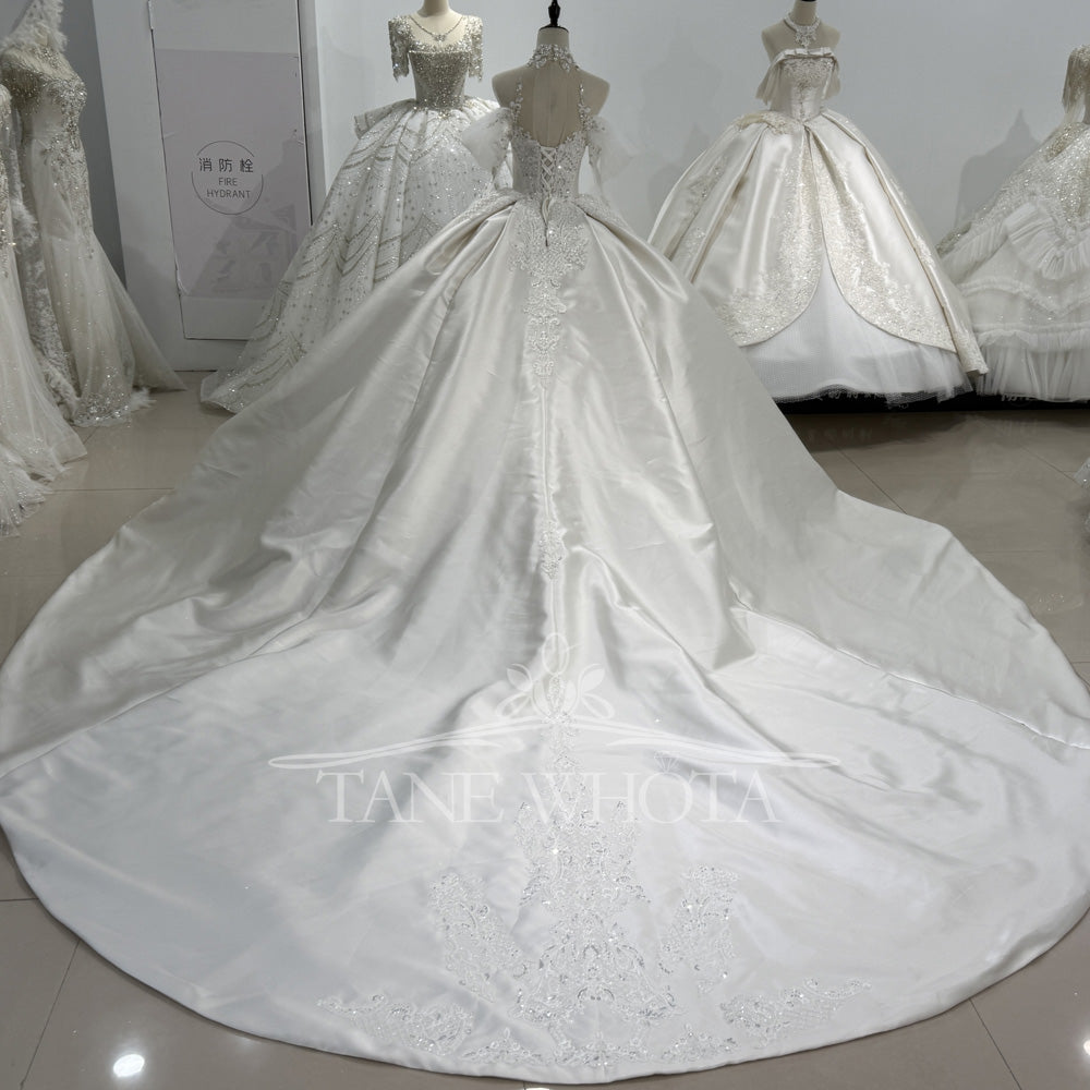 TW494 Luxury Wedding Dress Beading PHalter Neckline Off The Shoulder Long Sleeve Satin Ball Gown Vestido De Novia